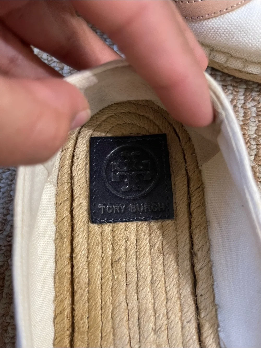 Tory Burch Cream Canvas Espadrilles with Navy & Tan Logo Accents